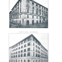 Casa dei Bambini, Roma Casa popolare nel quartiere di S. Lorenzo risanata e trasformata. Prospetto prima della trasformazione. Prospetto dopo la trasformazione - E. Talamo, <em>La Casa Moderna nell’opera dell’Istituto Romano di Beni Stabili</em>, Roma, Offic. Tip. Bodoni, 1910, Tav. XXXV.$$$476