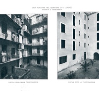 Casa dei Bambini, Roma Casa popolare nel quartiere di S. Lorenzo risanata e trasformata. Cortile prima della trasformazione. Cortile dopo la trasformazione - E. Talamo, <em>La Casa Moderna nell’opera dell’Istituto Romano di Beni Stabili</em>, Roma, Offic. Tip. Bodoni, 1910, Tav. XXXIX.$$$477